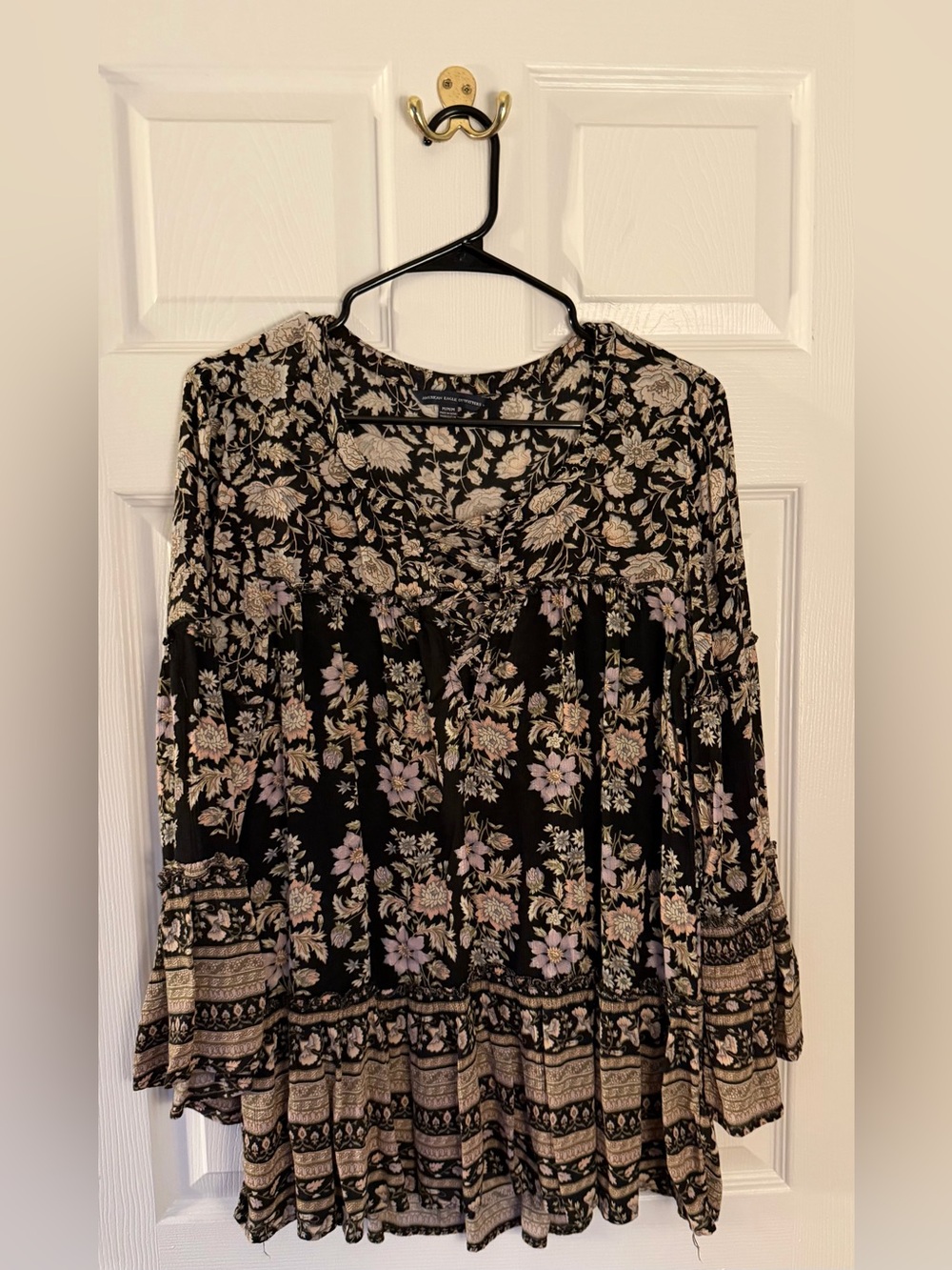 American Eagle Outfitters Black Floral Boho Tunic with Lavender and Cream